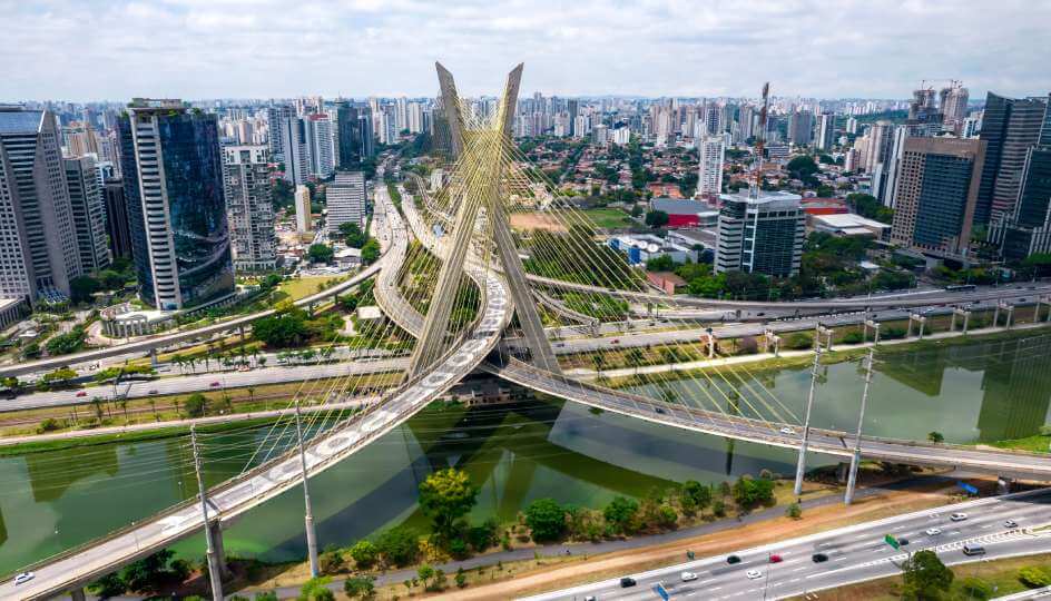 Aerial view of Estaiada's bridge in Marginal Pinheiros, São Paulo, Brazil at daytime 