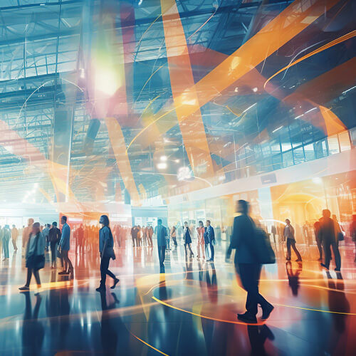 A crowd of travelers moving through an airport