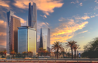 Sunset views of buildings of King Abdullah financial district Riyadh Saudi Arabia