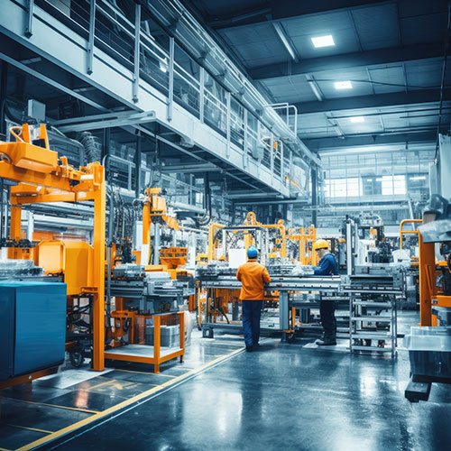 A group of workers engaged with machinery in an industrial factory