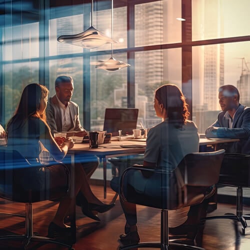 Business professionals engaged in discussion at a conference table with a bright window in the background