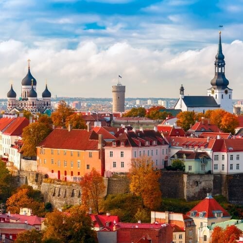 An aerial view of Tallinn, Estonia, during autumn, showcasing historic buildings