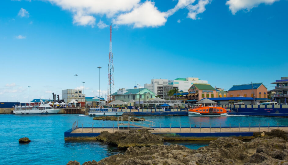 Panoramic view of the port in the capital George Town in the Caribbean, Grand Cayman, Cayman Islands