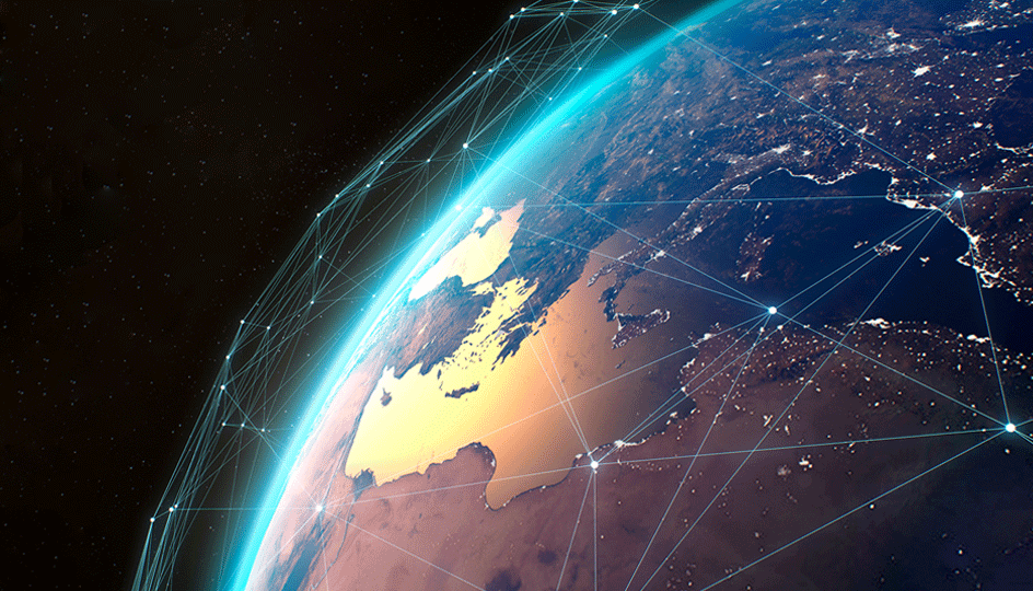 View of digital connections among artificial satellites emerging on orbit of planet Earth in space