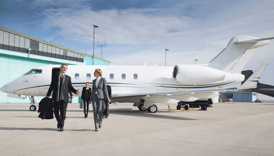 Executive business team leaving corporate jet